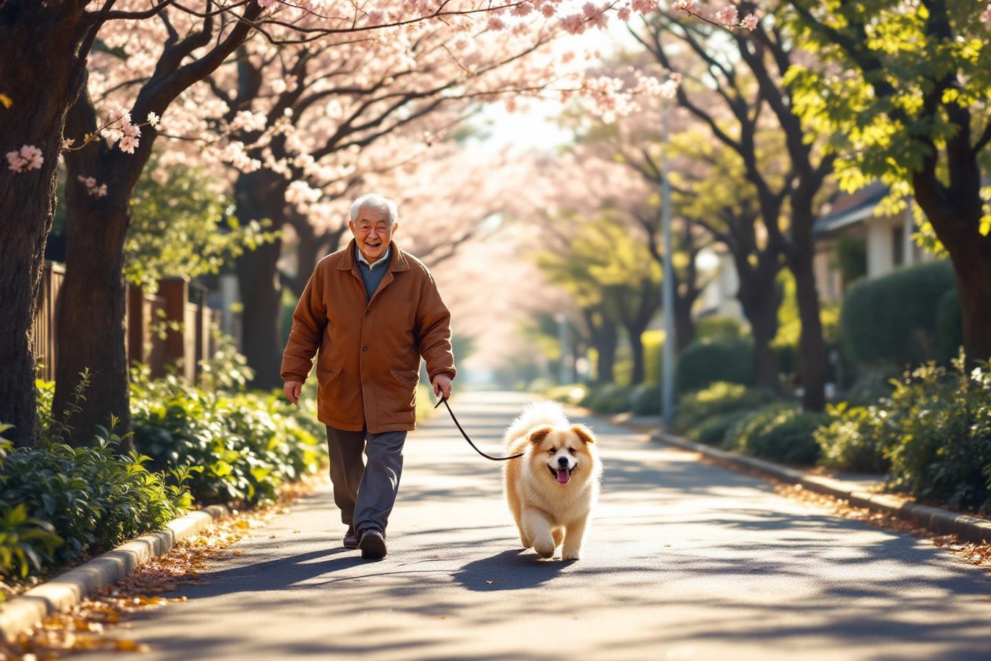 犬と散歩する高齢者の写真