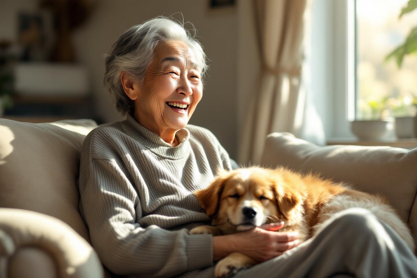 犬と笑顔で過ごす高齢者の写真