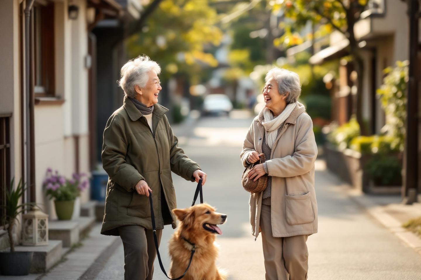 散歩中に近所の人と会話する高齢者の写真