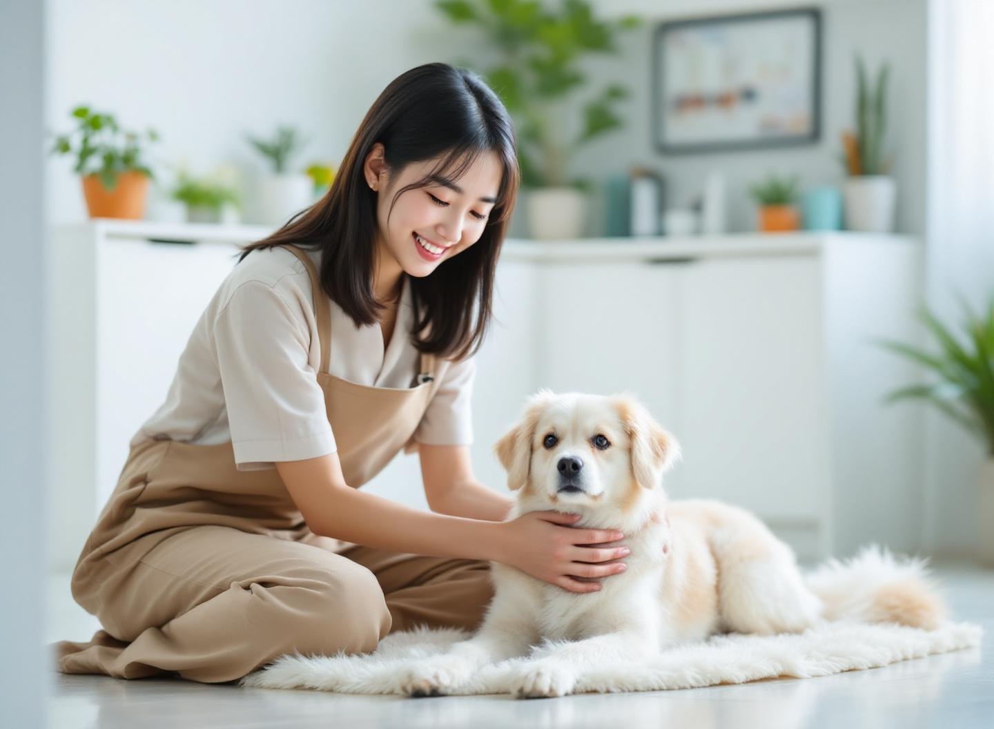 スタッフが犬の世話をしている写真