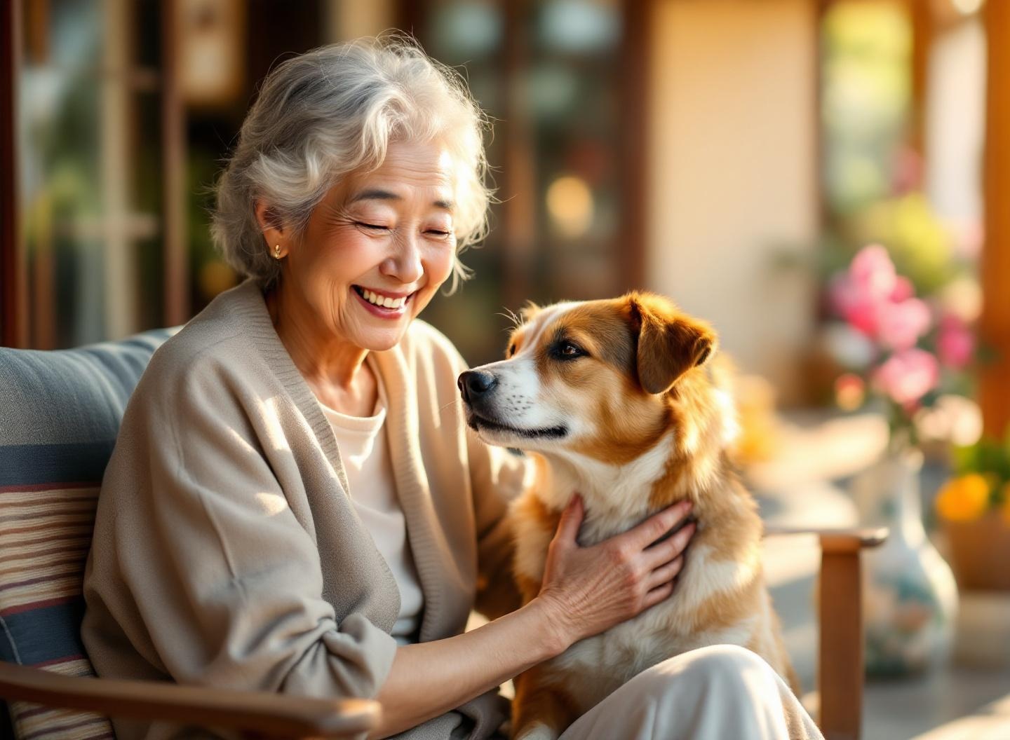 高齢者と犬が笑顔で寄り添う写真