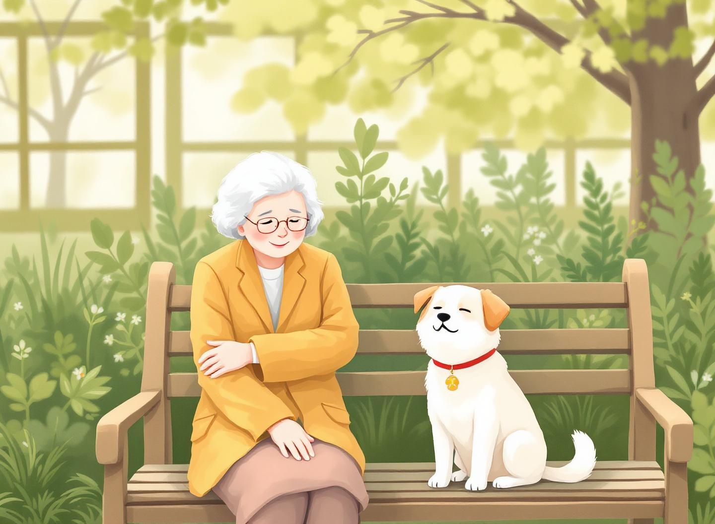 高齢者と高齢犬が穏やかに寄り添うイラスト